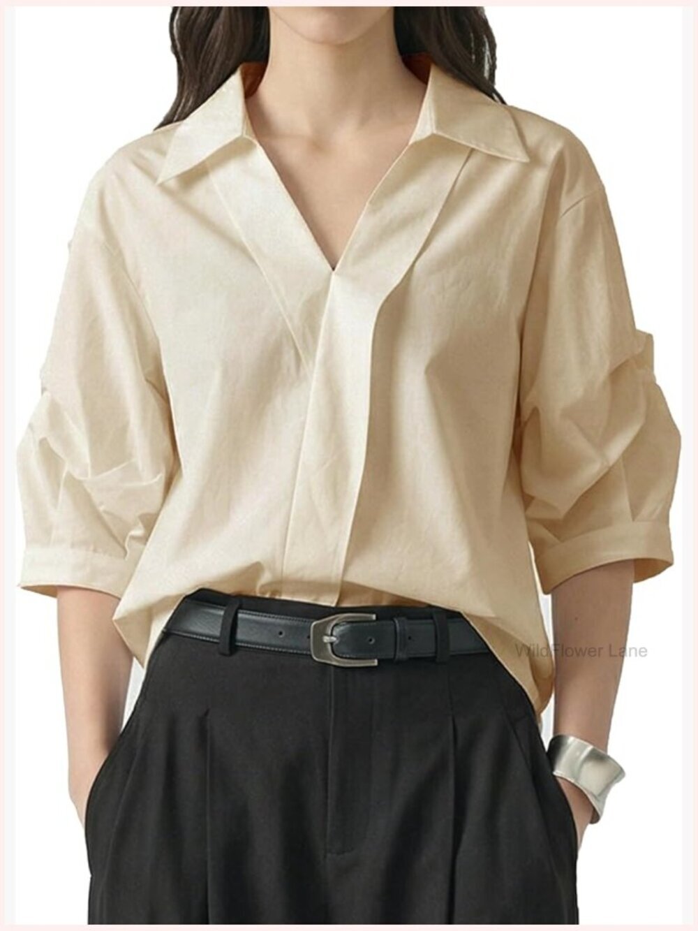 Asymmetric V-Neck Ruffle Sleeve Blouse